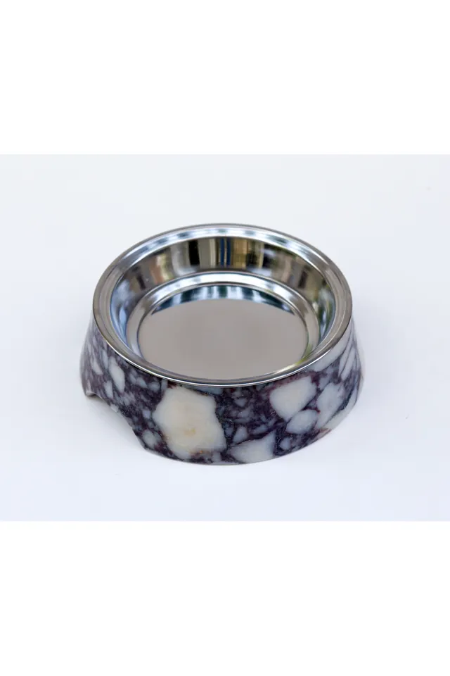 Marbelix Marmora - Büyük Boy Gerçek Mermer Kedi Köpek Mama Kabı & Su Kabı - 20.5cm - Çelik Taslı Özel Tasarım