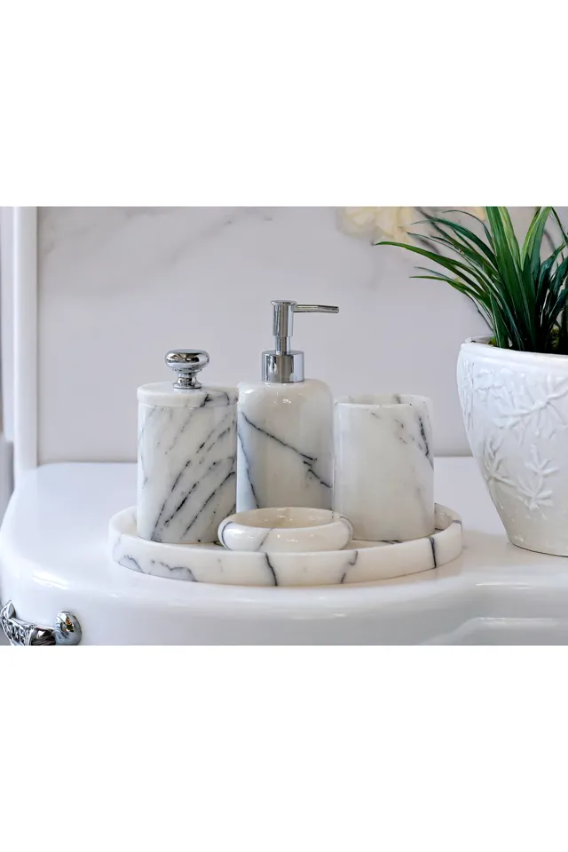 Marbelix Valeria - 5 Parça Mermer Banyo Seti - Sıvı Sabunluk, Tepsi, Pamukluk, Diş Fırçalığı, Katı Sabunluk