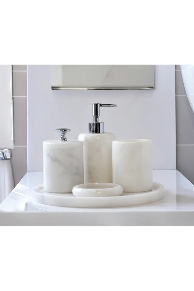 Marbelix Valeria - 5 Parça Mermer Banyo Seti - Sıvı Sabunluk, Tepsi, Pamukluk, Diş Fırçalığı, Katı Sabunluk